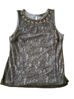 White House Black Market Blue Embellished Lace Sleeveless Blouse Size Small
